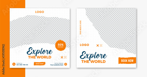 Creative Travel social media post design, holiday vacation square post template, tour post vector, happy journey carousel