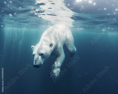 Underwater image of a polar bear swimming towards viewer. © ImageDesign