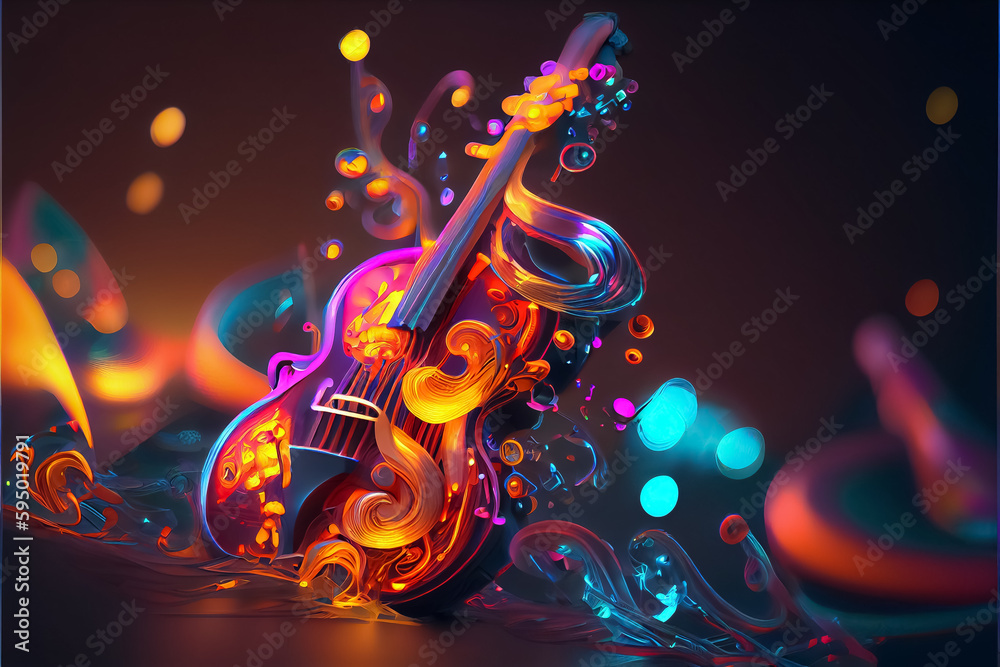 illustration of majestic violin with bow music string instrument in neon colors