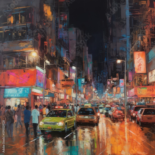A vibrant city street at night colorful lights, Generative AI