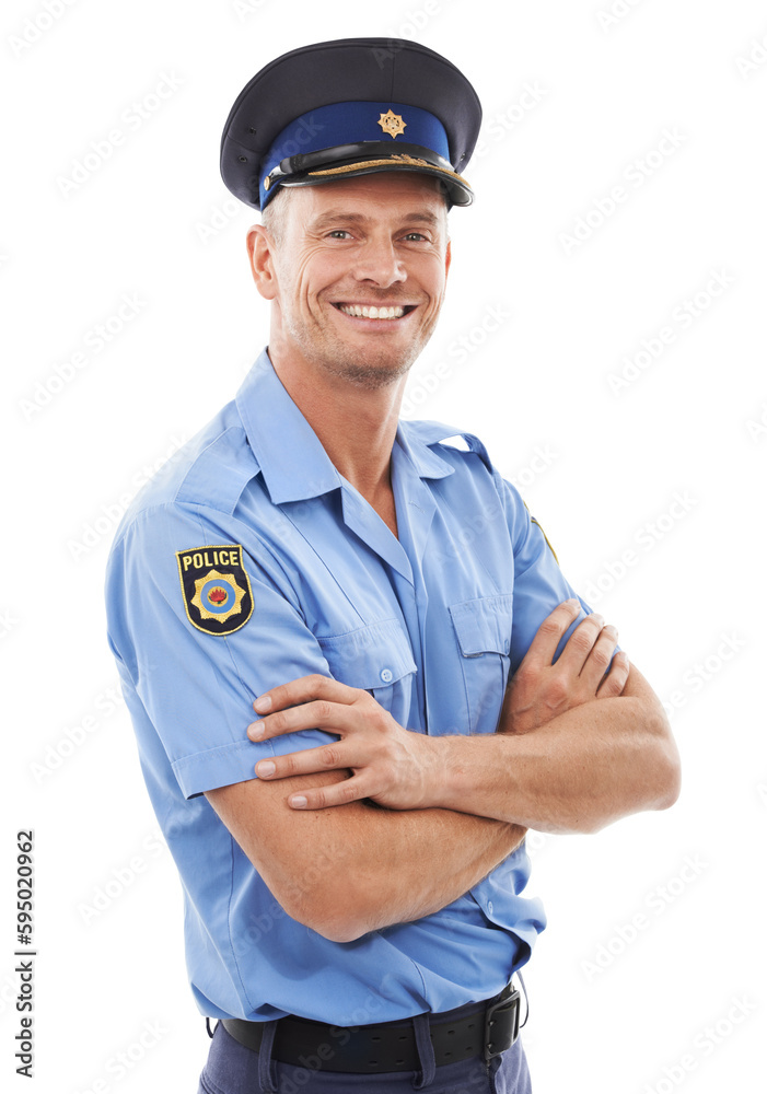 Police officer portrait, arms crossed and man with a smile for justice isolated on a transparent png background. Security, law and professional compliance person in uniform for public service Police officer portrait, arms crossed and man with a smile for justice isolated on a transparent png background. Security, law and professional compliance person in uniform for public service