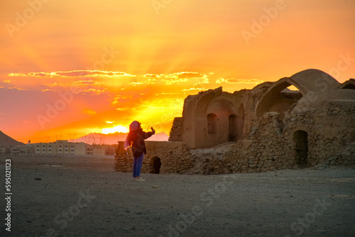 Yazd, Iran - May 2022: Ruins of Zoroastrians Dakhmeh Towers of Silence in Yazd city