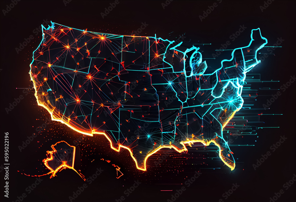 illustration of American flag map fireworks in neon colors on black background. ai