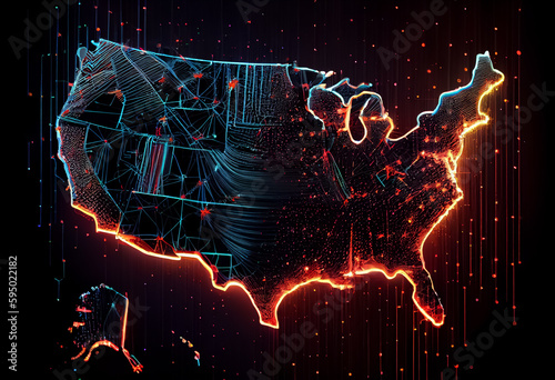 illustration of American flag map fireworks in neon colors on black background. ai