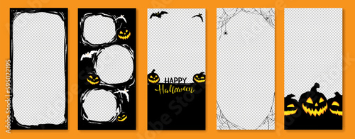 Happy Halloween stories template for phone photo. Business card with halloween story. Social media pack vector.