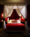 Elegant bedroom with a luxurious white canopy bed, and red details , and intricate designs, offering tranquility, comfort, and sophisticated relaxation. Generative AI