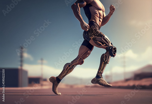 illustration of person with prosthetic limb running and does not feel obstacles in path. AI