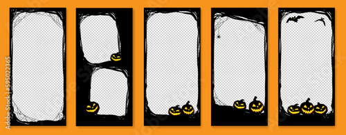 Happy Halloween stories template for phone photo. Business card with halloween story. Social media pack vector. Stories invitation template. Orange black colors.