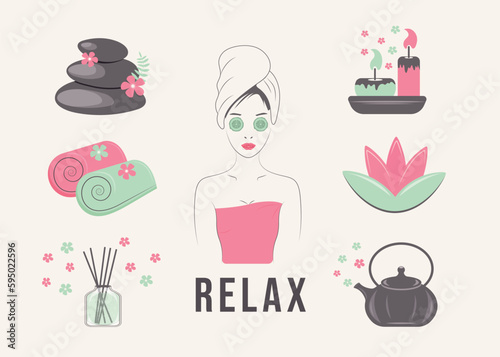 Silhouette of a girl doing cosmetic procedures. A set of icons of beauty, relaxation. the concept of beauty, tenderness
