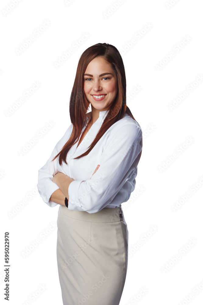 Business woman, professional and portrait with a smile, corporate and fashion outfit. Happy, confident and female entrepreneur with arms crossed and pride isolated on a transparent, png background Business woman, professional and portrait with a smile, corporate and fashion outfit. Happy, confident and female entrepreneur with arms crossed and pride isolated on a transparent, png background
