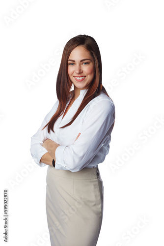 Business woman, professional and portrait with a smile, corporate and fashion outfit. Happy, confident and female entrepreneur with arms crossed and pride isolated on a transparent, png background