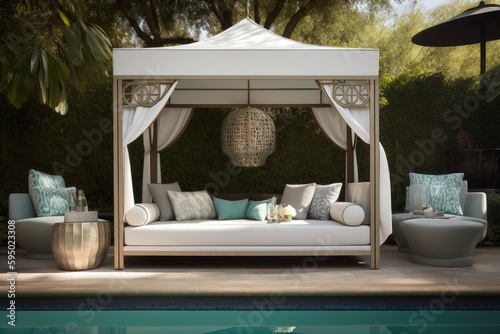 glamorous poolside cabana with chaise lounge and cocktail shaker, created with generative ai photo