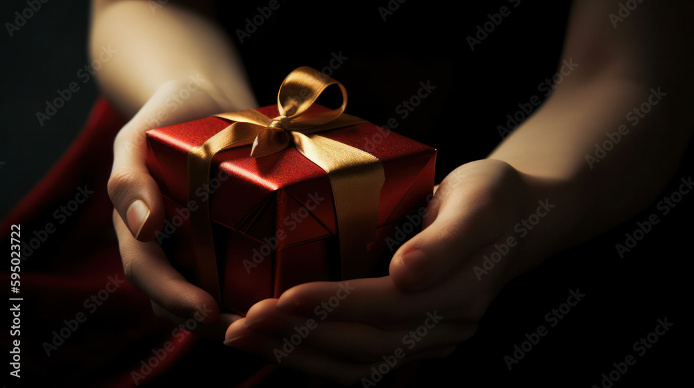 hand holding a gift box . generative AI hand holding a gift box . generative AI