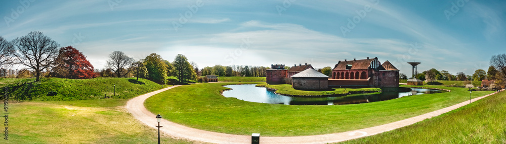 A panoramic image of the Landskrona citadel in the center of a moat in the skane region of Sweden. Historical landmark Landskrona slott, prison, museum, art gallery Landskrona Citadel in Sweden. A panoramic image of the Landskrona citadel in the center of a moat in the skane region of Sweden. Historical landmark Landskrona slott, prison, museum, art gallery Landskrona Citadel in Sweden.