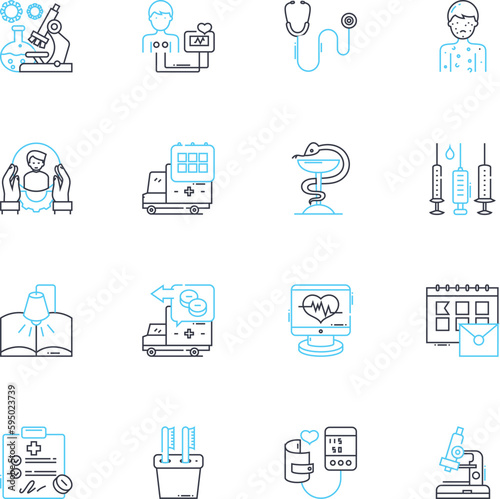 Epidemiology analysis linear icons set. Outbreak, Surveillance, Incidence, Prevalence, Risk, Exposure, Contagion line vector and concept signs. Mortality,Pandemic,Case-control outline illustrations