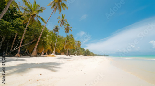 Beautiful beach with palm trees and white sand . generative AI © Roman