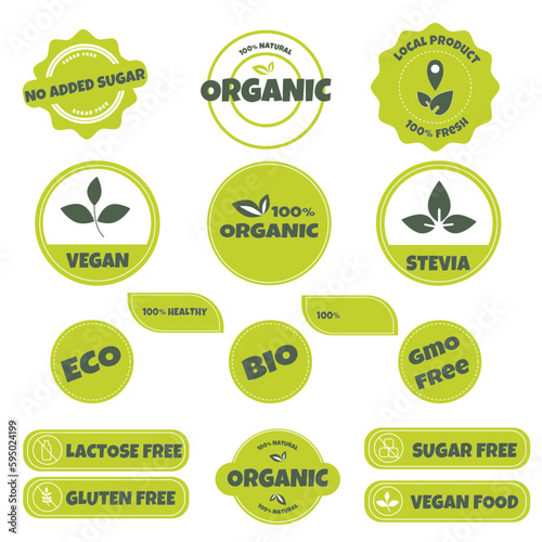 Green set of icons for organic food and drink, natural products, restaurant, healthy food market and production