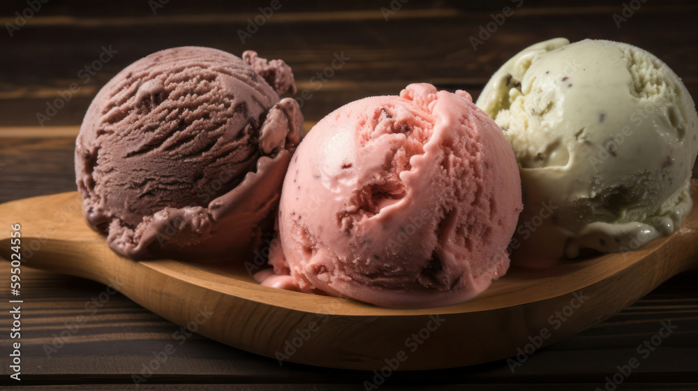 3 scoops of ice cream on a wooden tray . generative AI 3 scoops of ice cream on a wooden tray . generative AI