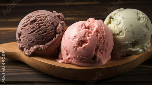 3 scoops of ice cream on a wooden tray . generative AI