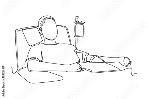Continuous one line drawing happy boy donating blood in hospital. World blood day concept. Single line draw design vector graphic illustration.