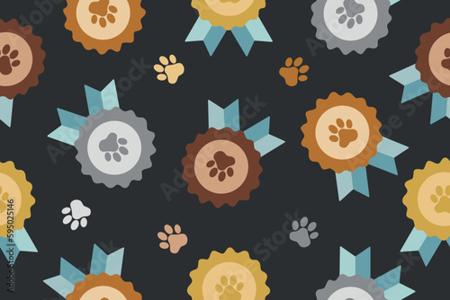 Seamless pattern of award symbol icon. Badge with dog or cat paw print and ribbons. Pet show winner concept. Vector illustration.