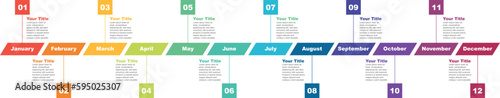 Presentation timeline business infographic template for 12 months, 1 year, 12 Months Concepts timeline work flow processes or steps, Square Timeline infographic