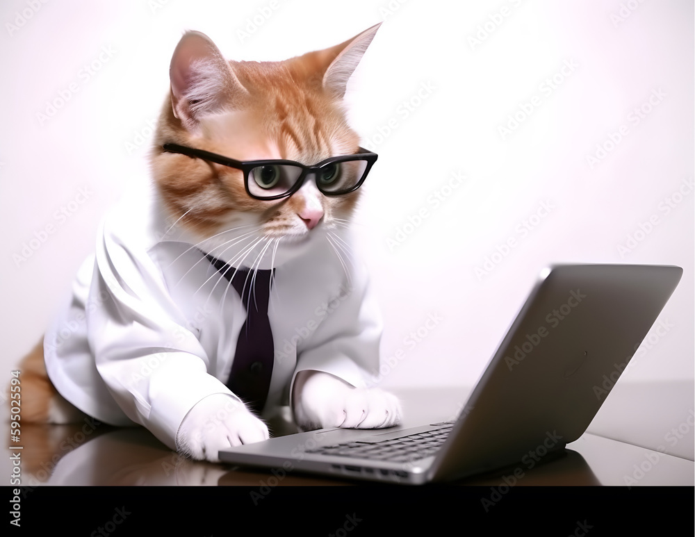 Cute busy cat with glasses. Concept of pet officer, business or office hours. Cute busy cat with glasses. Concept of pet officer, business or office hours.