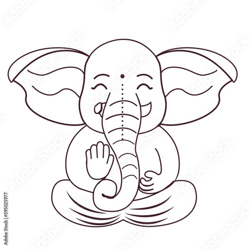 Little cute Ganesh, religious traditional god elephant outline drawing in cartoon character isolated on white background.