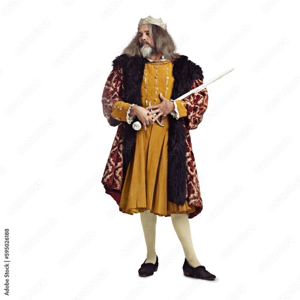 King, royalty and power of royal man with sword and leadership with luxury fashion. Victorian, vintage crown and mature male with a costume of a leader isolated on a transparent, png background