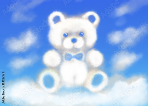 The teddy bear in the sky with clouds is a cute and playful image that depicts a stuffed bear floating among the clouds. © Жозефіна Попова
