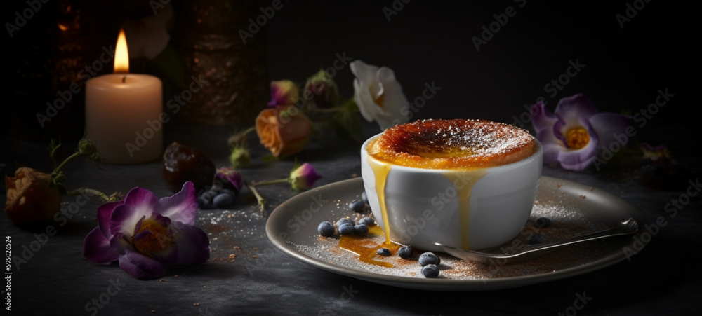 Fototapeta premium Crème brûlée on the table with flowers and candle. Generative AI. 