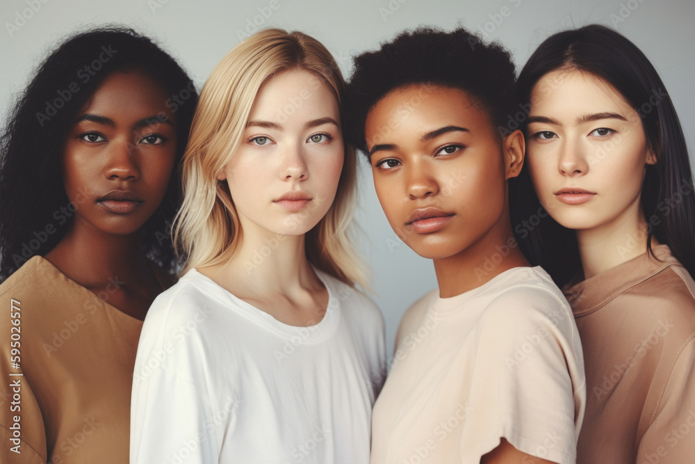 Fototapeta premium Portrait of a group of young beautiful mixed race women AI generative art