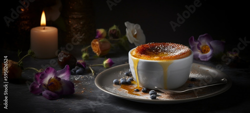 Crème brûlée on the table with flowers and candle. Generative AI. 