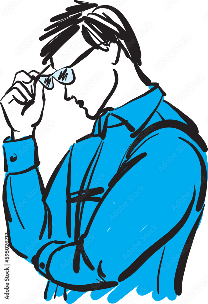 Fototapeta premium tired sad worried stressed man young with glasses vector illustration