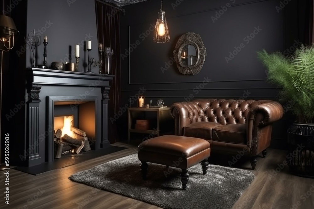 Living Room With Leather Sofa And Armchair Near The Fireplace. Generative AI