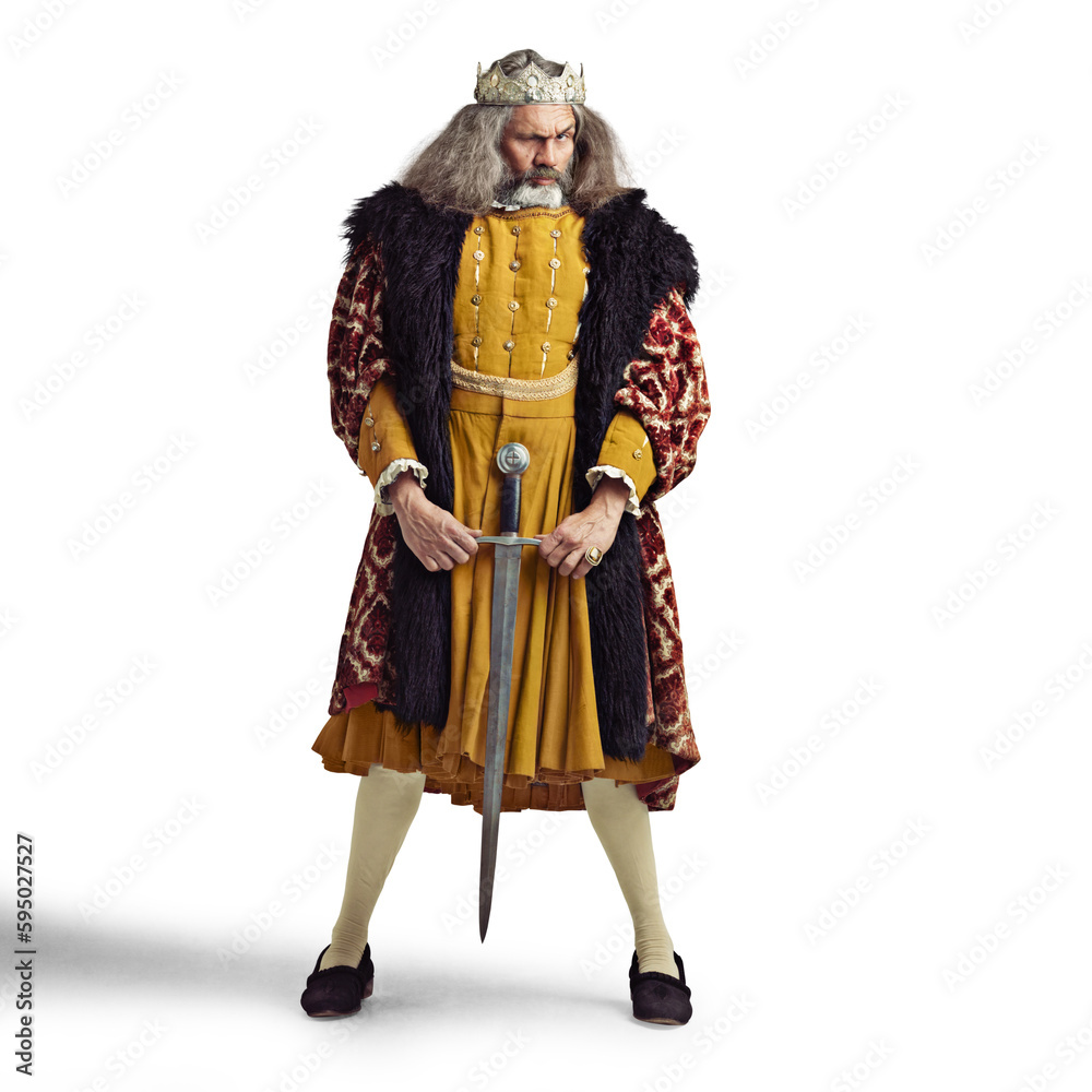 Medieval, renaissance ruler and king with sword on isolated, png and transparent background. Victorian royalty, history and senior man with weapon in vintage costume for power, leadership and battle