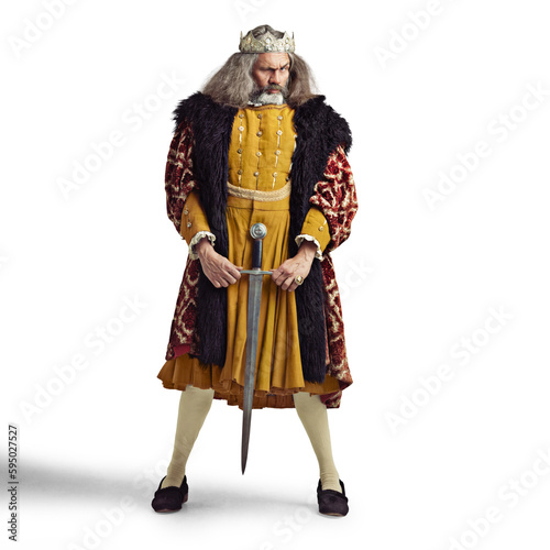 Medieval  renaissance ruler and king with sword on isolated  png and transparent background. Victorian royalty  history and senior man with weapon in vintage costume for power  leadership and battle