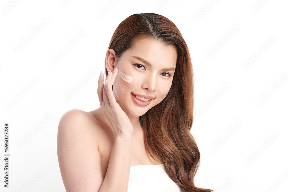 Beautiful young asian woman smiling and applying face cream on white background, Skin care and rejuvenation, Face care, Facial treatment, Cosmetology, beauty, Beautiful young asian woman smiling and applying face cream on white background, Skin care and rejuvenation, Face care, Facial treatment, Cosmetology, beauty,