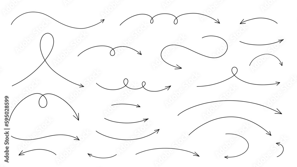 Hand drawn thin line arrows set. Vector curvy and wavy arrows isolated on white background.