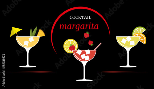Cocktail Margarita with a neon inscription on a night background. Cocktail of strawberries, orange, pineapple, lime, lemon.