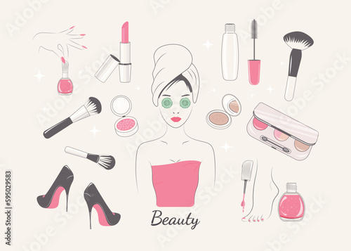 Set. Silhouette of a girl. A set of cosmetics and beauty accessories Beauty, relaxation, procedures.