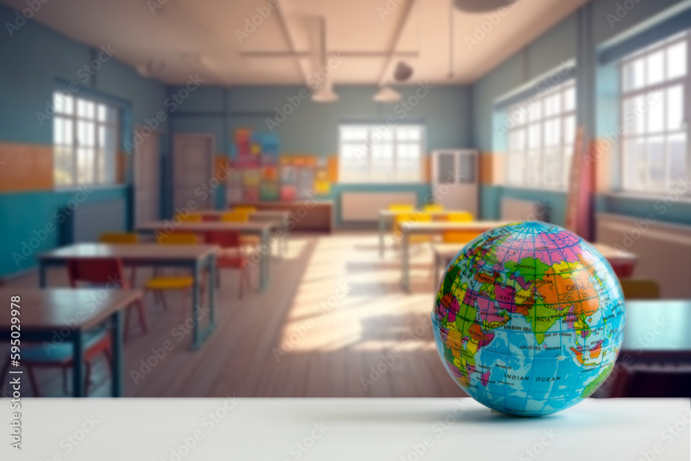 Earth globe model ball map with class room background on tablet in classroom. Concept for global international educaiton or communications, politics environmental for learning world wide. colorful Earth globe model ball map with class room background on tablet in classroom. Concept for global international educaiton or communications, politics environmental for learning world wide. colorful