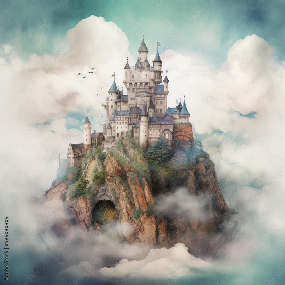 A whimsical fairytale castle in the clouds, Generative AI