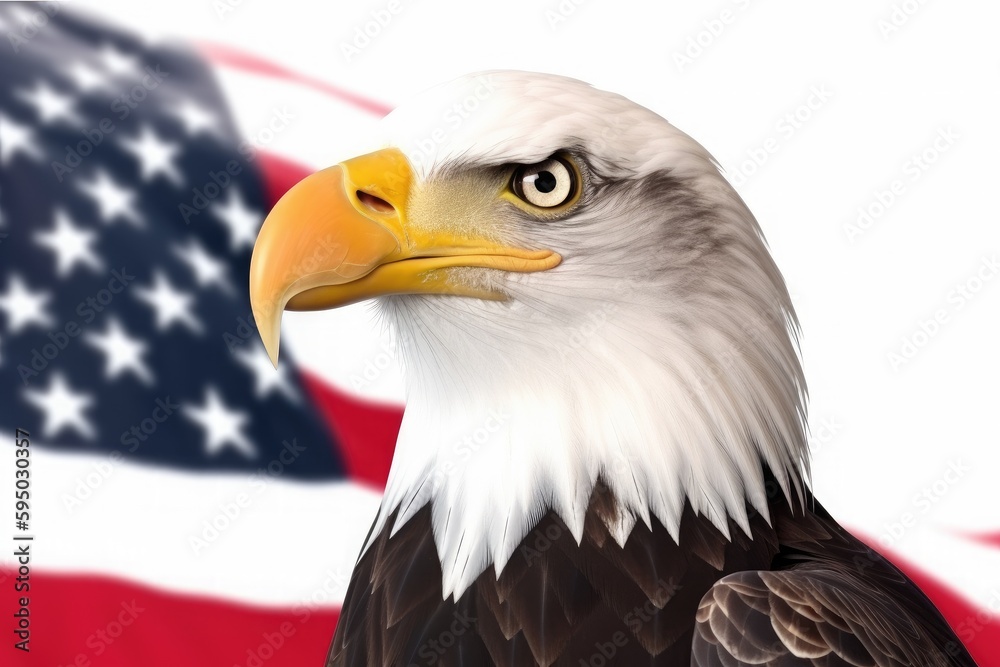 Obraz premium Eagle on the background of the American flag. Generative ai.