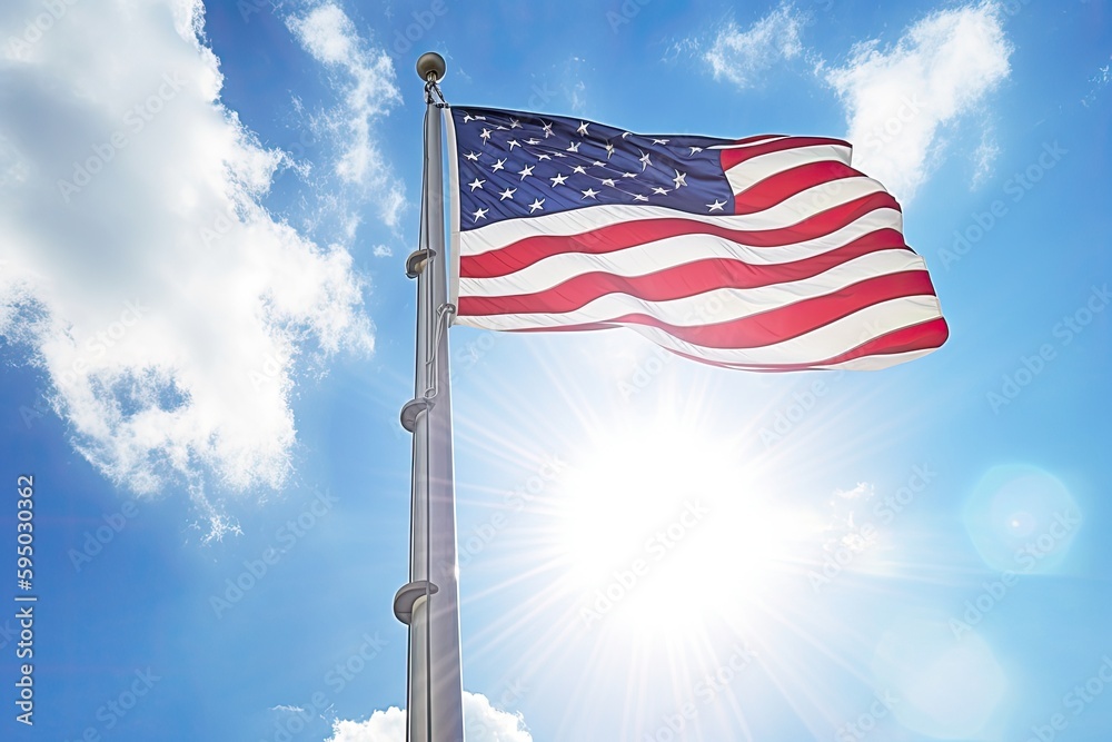 The symbol of democracy, the American flag developing in the wind against the background of the sky and the rays of the sun. Generative ai.