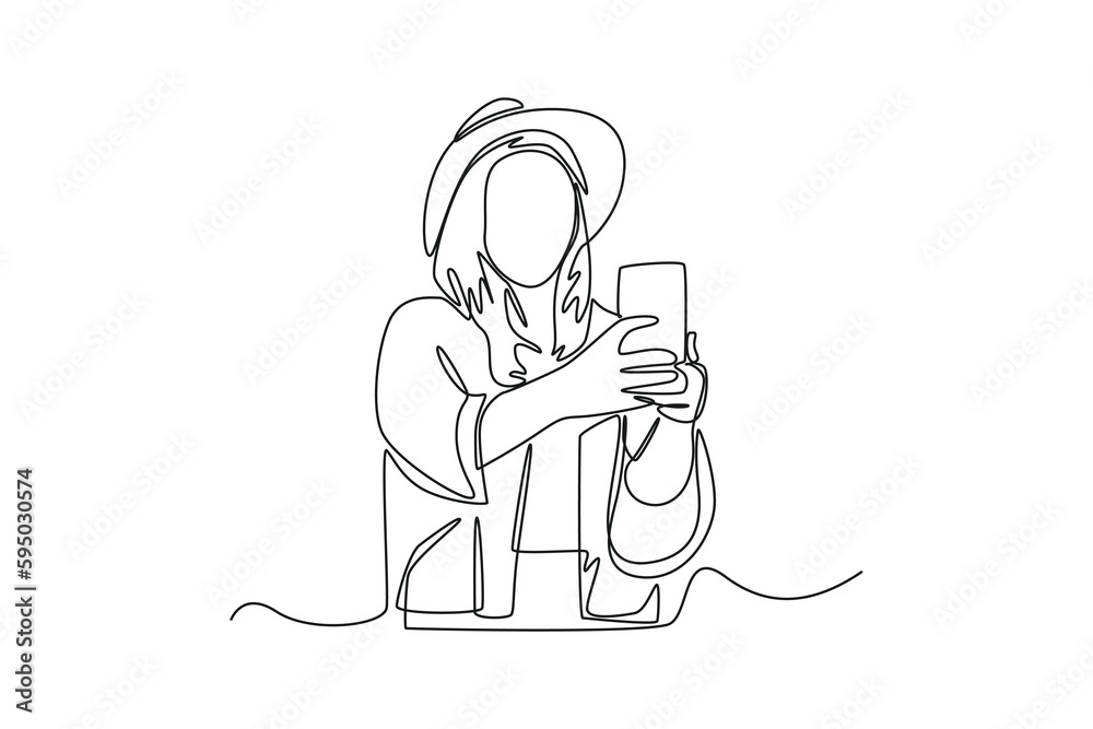 Single one line drawing happy woman make a vlog content with smartphone. Social media concept. Continuous line draw design graphic vector illustration. Single one line drawing happy woman make a vlog content with smartphone. Social media concept. Continuous line draw design graphic vector illustration.