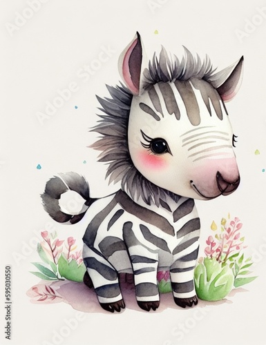  A cute illustration of a baby vintage watercolour zebra   t shirt design adorable  fluffy  charming  whimsical  woodland cute animal  pastel tetradic colours  3D vector art  cute and quirky  fantasy 