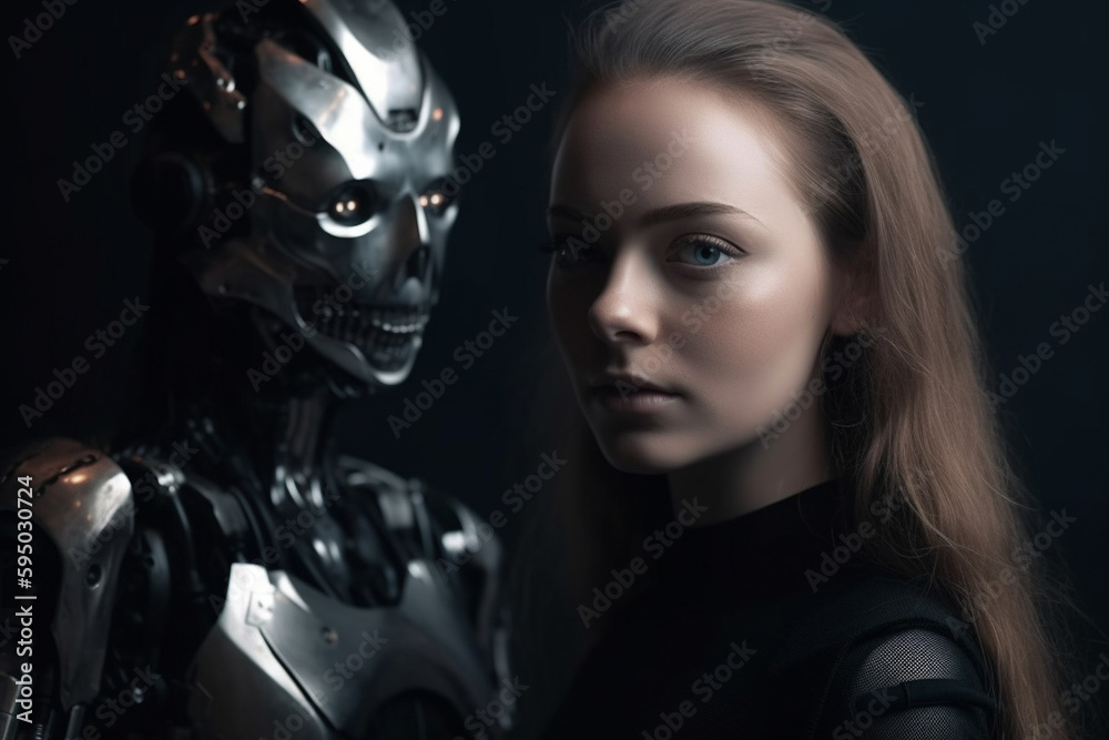 A beautiful woman and her trusty robot. Ceonceptual illustration. Generative AI A beautiful woman and her trusty robot. Ceonceptual illustration. Generative AI
