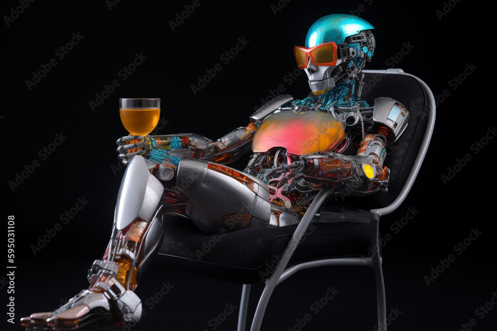 Cute robot with sunglasses, chilling on a beach chair with a cocktail in his hand. Generative AI Cute robot with sunglasses, chilling on a beach chair with a cocktail in his hand. Generative AI