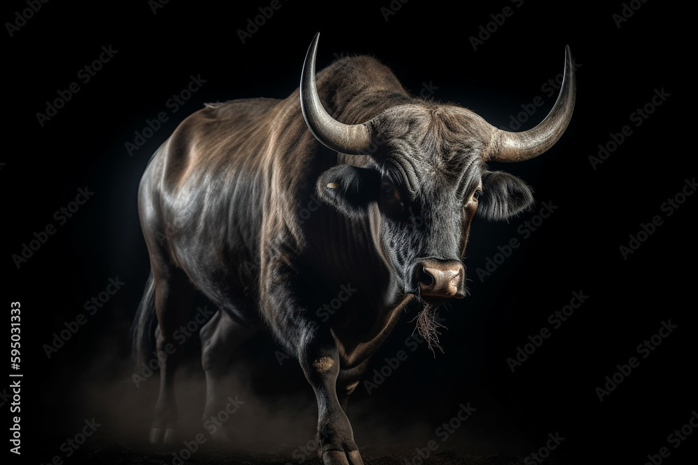 Naklejka premium A massive bull walking angrily. Isolated on black. Generative AI
